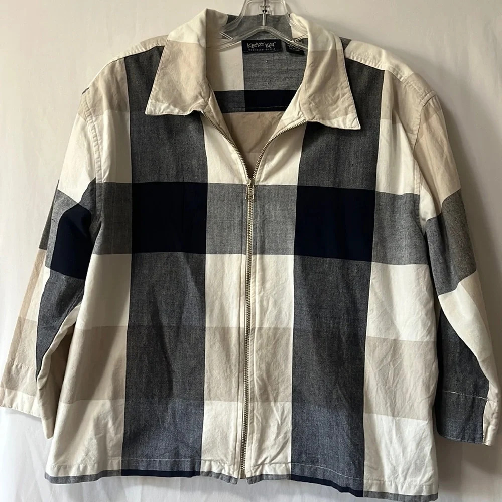 Krazy Kat Essential Shirt Long Sleeve Tan and Navy Blue Zippered Top Size XL